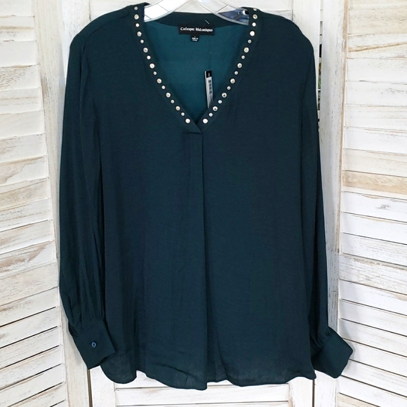 Catherine Malandrino Dark Green Long Sleeve V Neckline Blouse - Picture 1 of 4